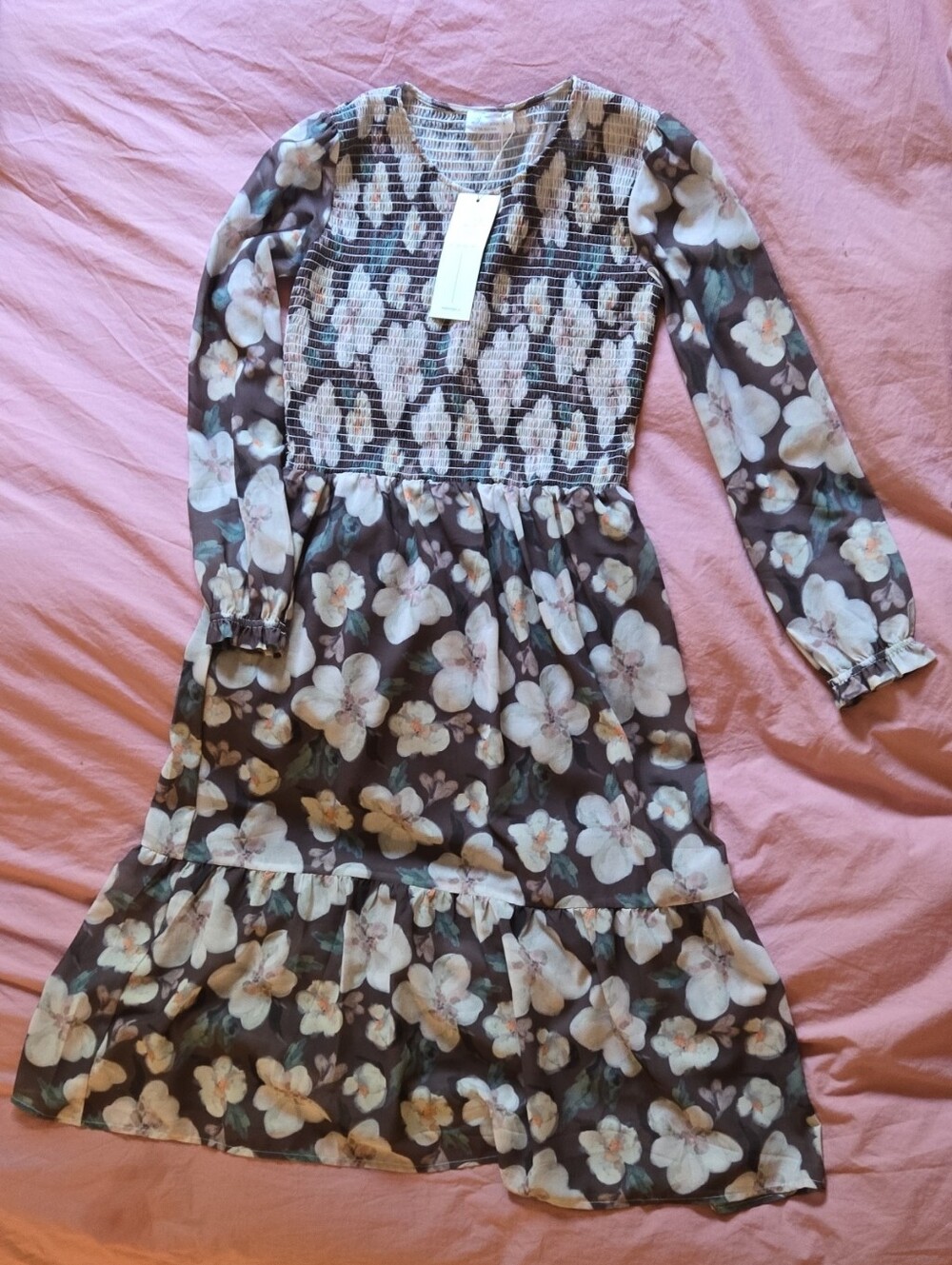 Smocked Floral Long-Sleeve Midi Dress in Brown and Cream
